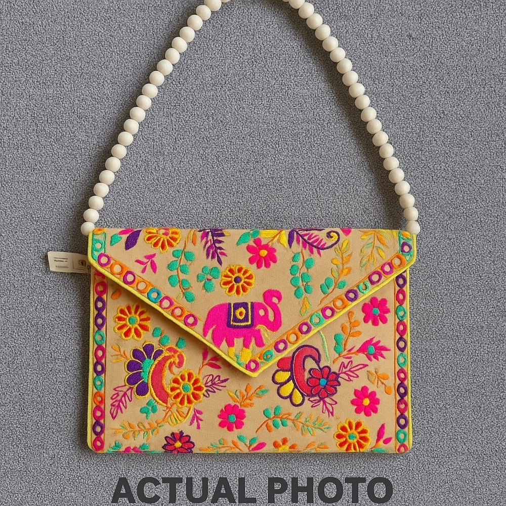Embroidered Crossbody Bag Elephant PomPom Strap Boho Festival Purse - Picture 2 of 14